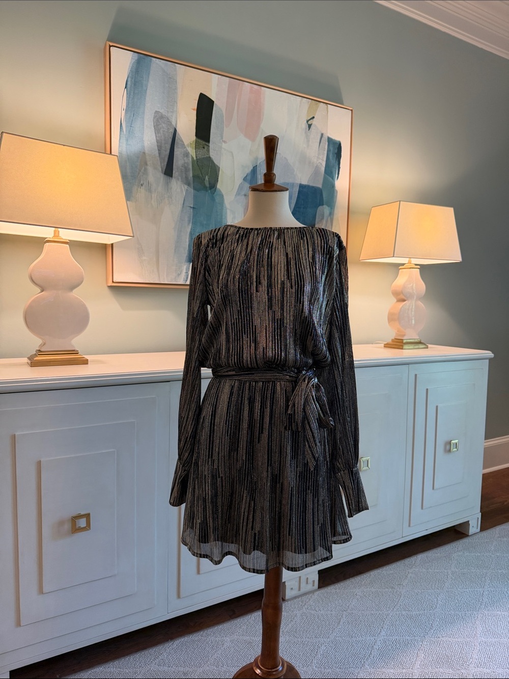 Ramy Brook Black and Silver Long-Sleeve Tie-Waist Dress